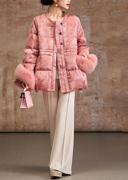 Pink Jacquard Patchwork Fox Hair Duck Down Silk Puffer Coat Winter