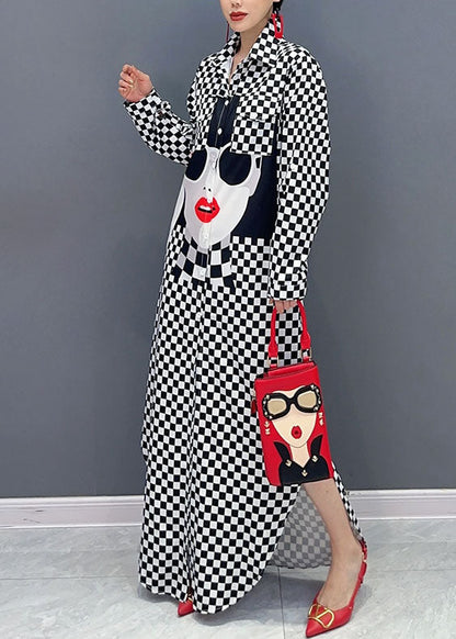 Plaid Patchwork Peter Pan Collar Print Girl Side Open Long Shirts Dresses Long Sleeve