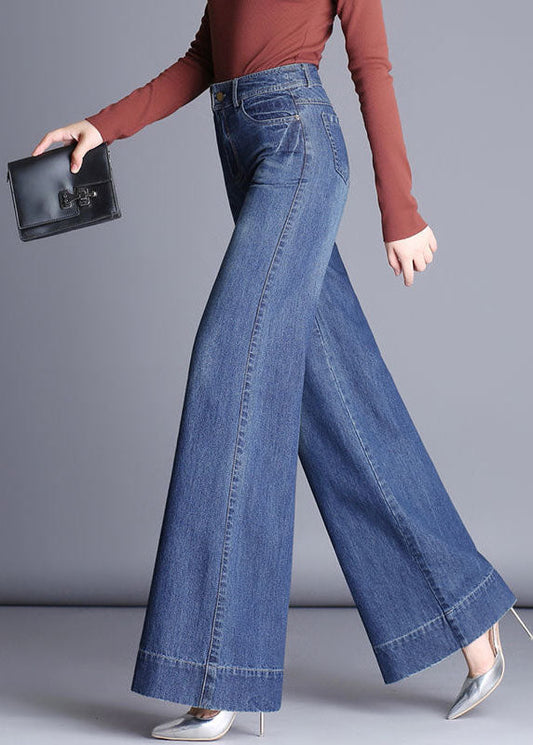 Denim Blue High Waist Pockets Patchwork Cotton Wide Leg Pants Fall
