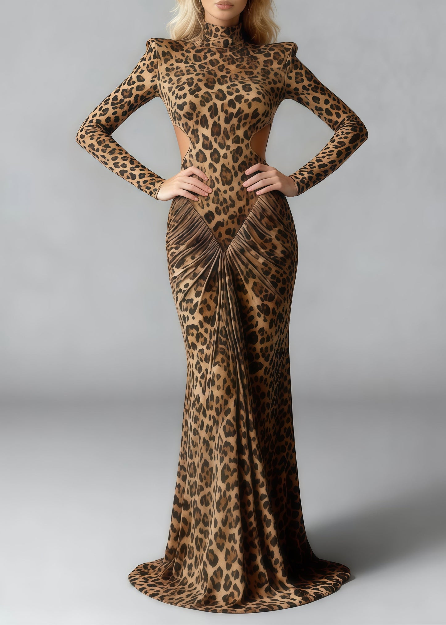Silm Fit Leopard Print Backless Wrinkled Cotton Party Dress Spring