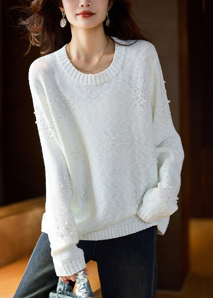 Stylish White O-neck Nail Bead Cotton Knit Sweater Spring