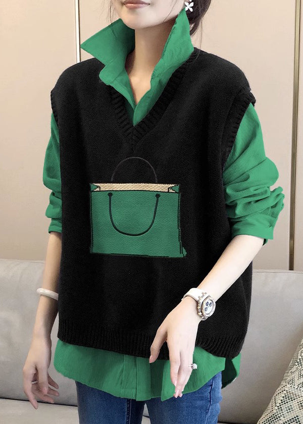 Italian Black Knit Vest and Shirts Patchwork Two Pieces Set Fall