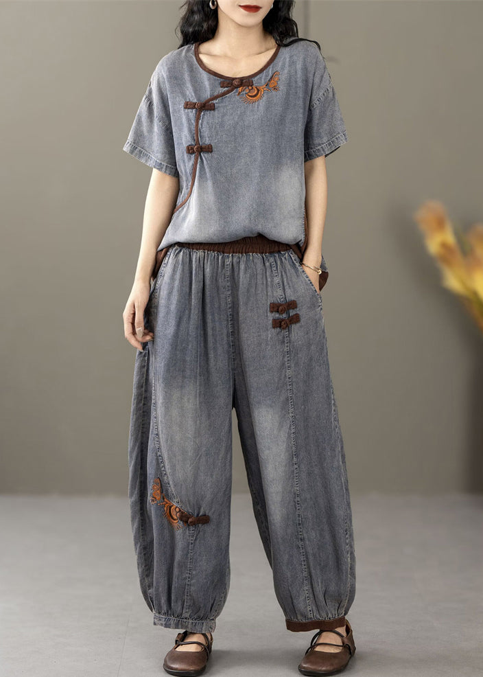French Blue Embroidered Pockets Patchwork Denim Two-piece Set Summer