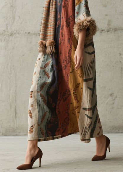 Loose Print Fuzzy Fur Patchwork Cotton Long Dress Fall