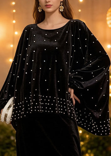 Black Oversized Nail Bead Silk Velvet Two Piece Set Clothing Spring