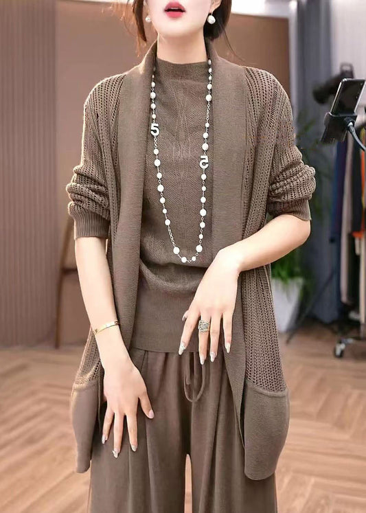 Coffee Hollow Out Knit Cardigans Winter