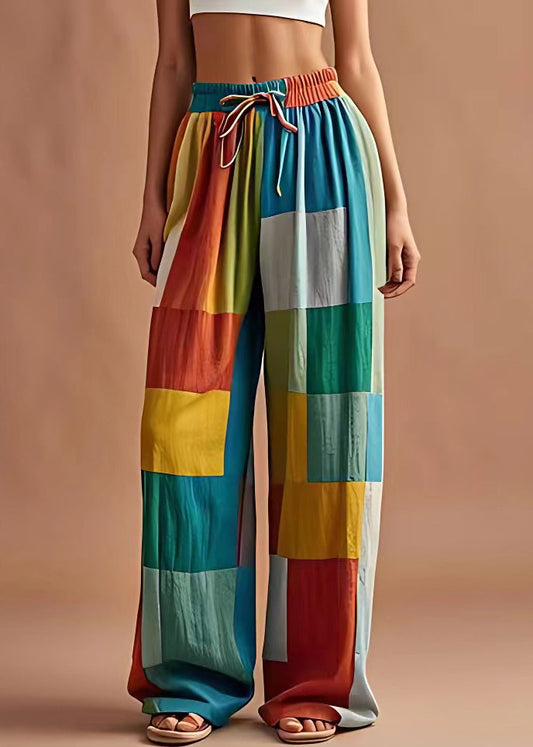 Diy Plaid Elastic Waist Patchwork Cotton Pants Summer