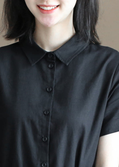 Black Drawstring Peter Pan Collar Button Cotton Linen Shirt Dress Short Sleeve