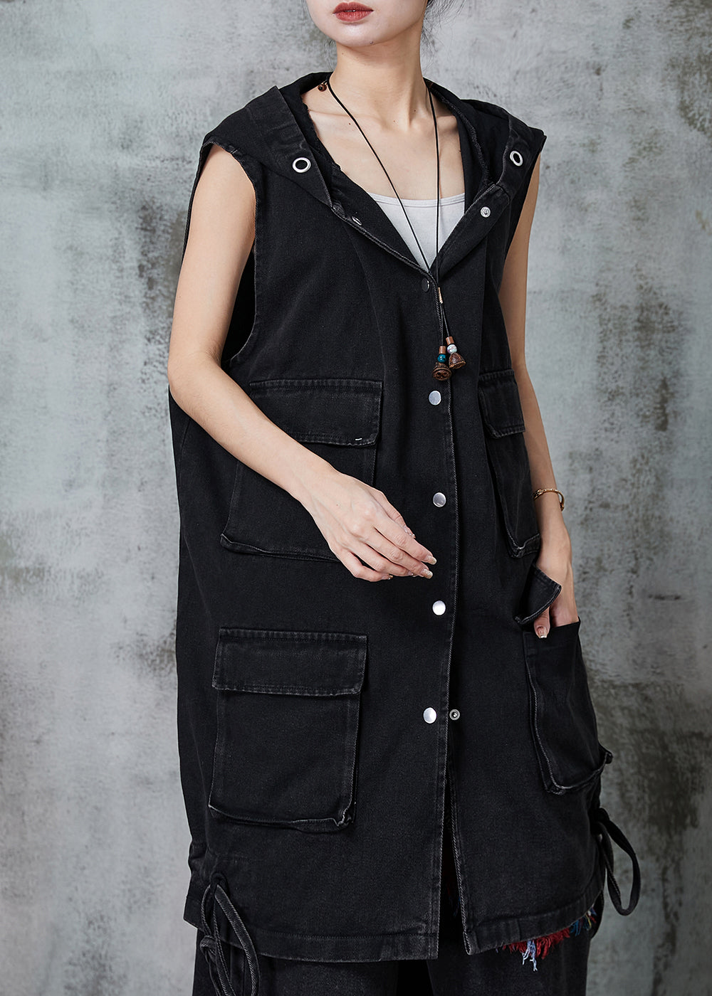 Black Drawstring Pockets Cotton Hooded Vest Spring