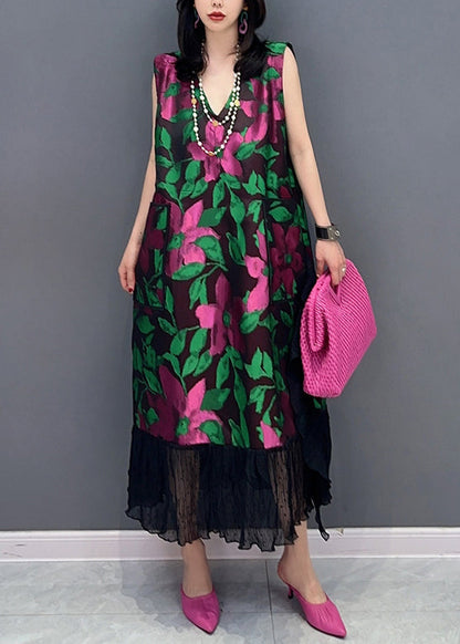Black V Neck Print Cotton Long Dresses Sleeveless