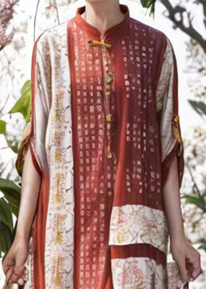 Caramel Stand Collar Patchwork Button Silk Long Dress Summer