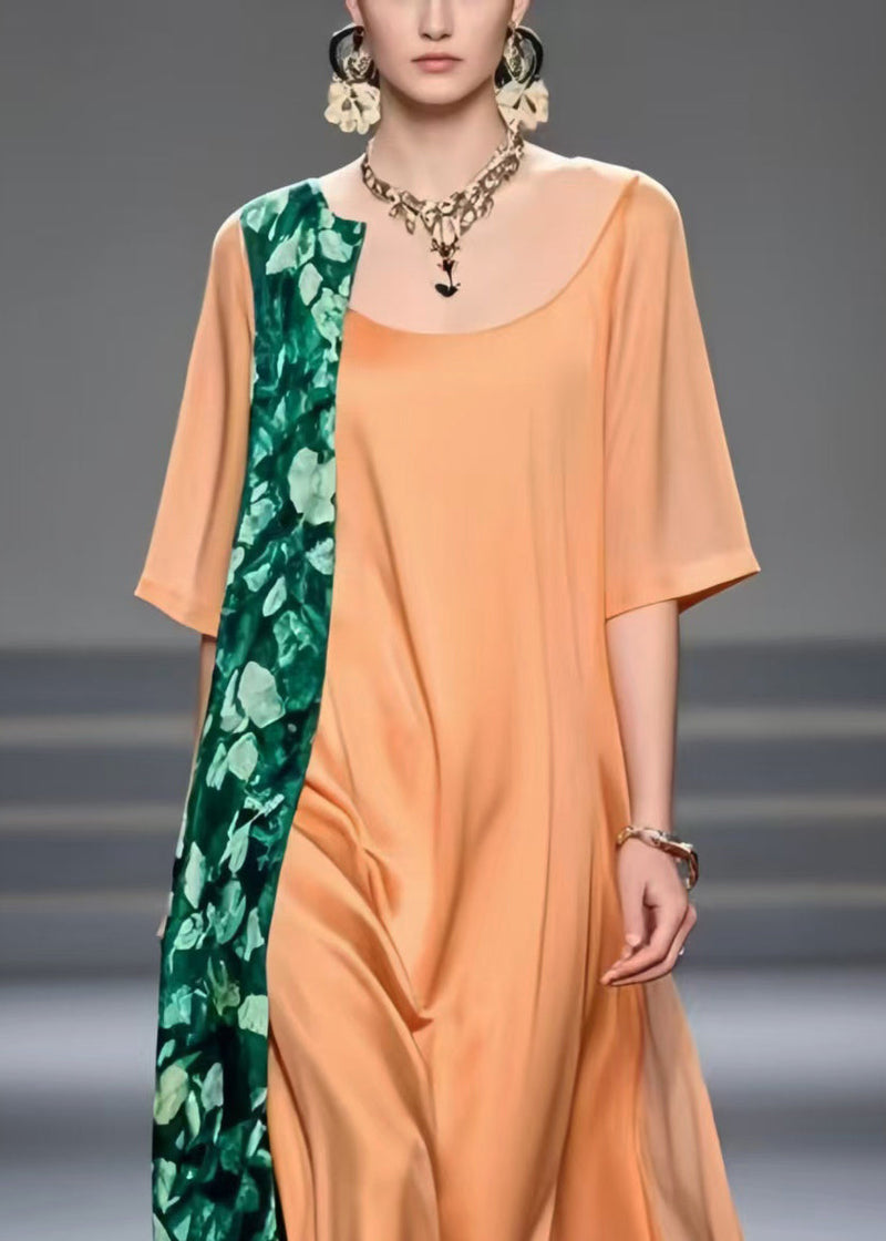 Brick Red Asymmetrical Patchwork Chiffon Dress Summer