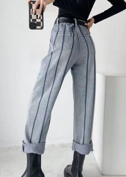 Blue High Waist Striped Patchwork Jeans Spring