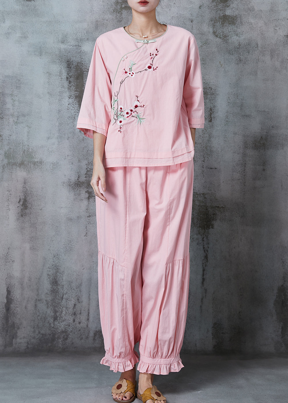 Pink Embroidered Oriental Cotton Two Piece Suit Set Summer
