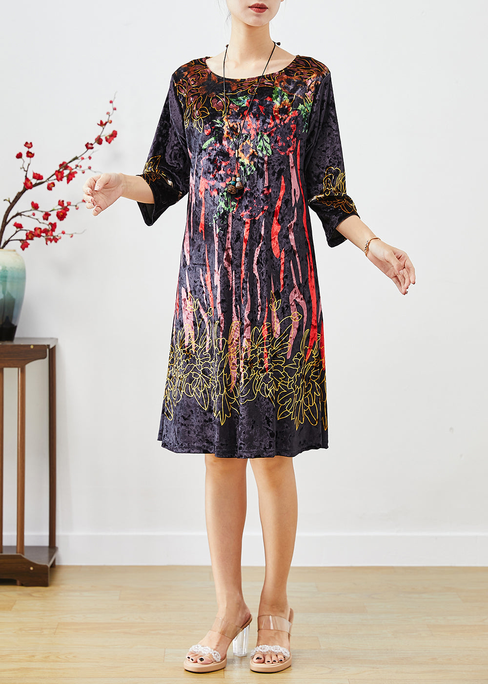 Black Print Silk Velour Maxi Dresses Half Sleeve