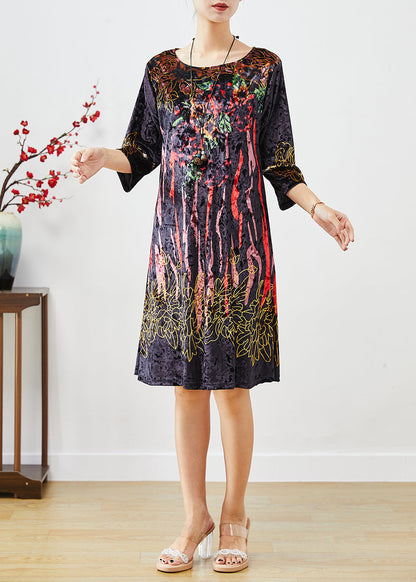 Black Print Silk Velour Maxi Dresses Half Sleeve