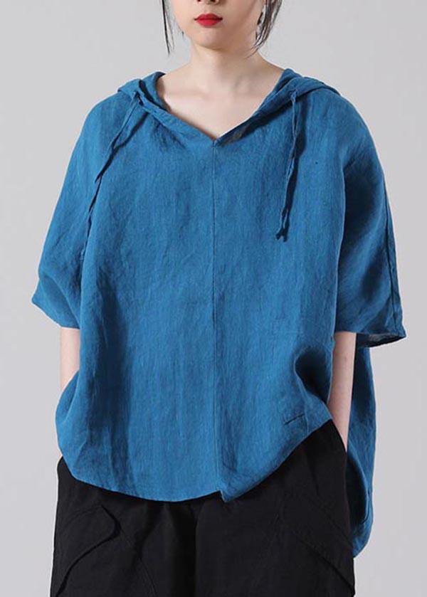 Stylish Blue Asymmetrical Design Cotton Linen Shirt Summer