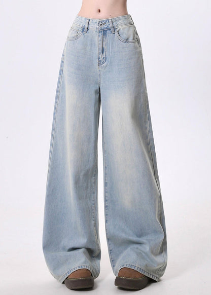 Simple Style Light Blue Pockets Denim Wide Leg Pants Spring