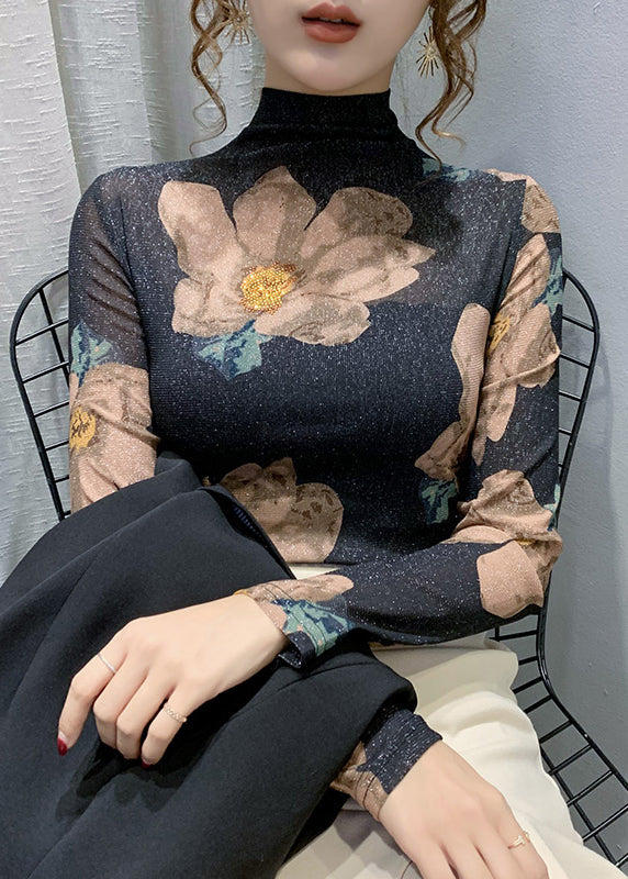 Green Turtleneck Print Lace Tulle Warm Fleece Thick Tops Bottoming Shirt
