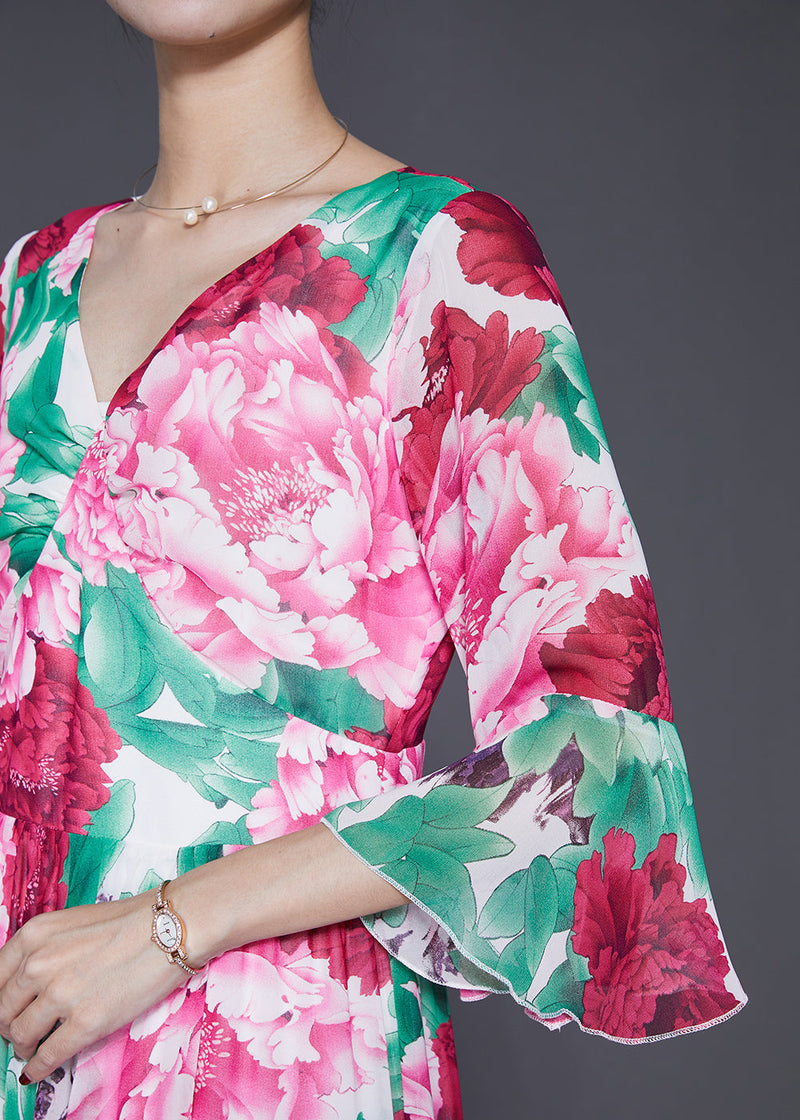 Red Exra Large Hem Chiffon Ankle Dress Flare Sleeve