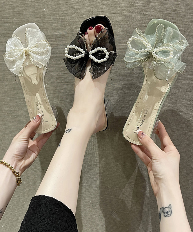 Beige Chunky Heels Diy Bow Pearl Splicing Slide Sandals