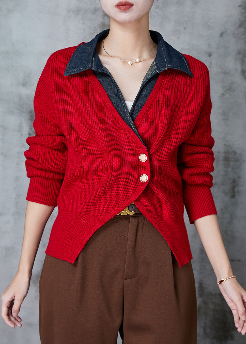 Boutique Red Peter Pan Collar Patchwork Knit Fake Two Piece Pullover Winter