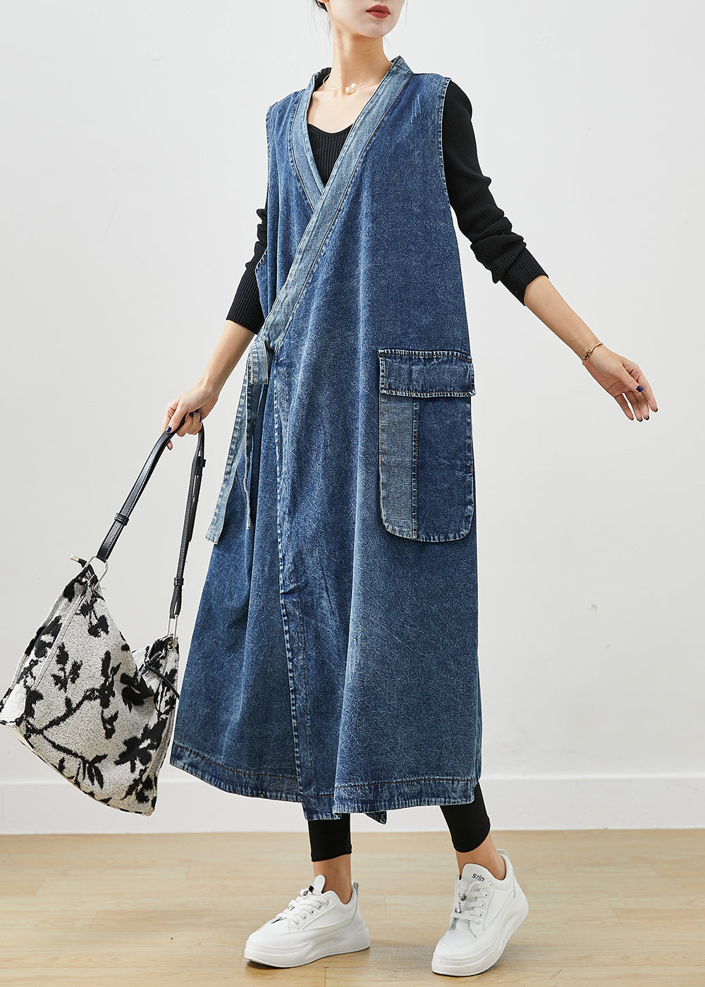 Blue Oversized Lace Up Denim Long Vests Fall
