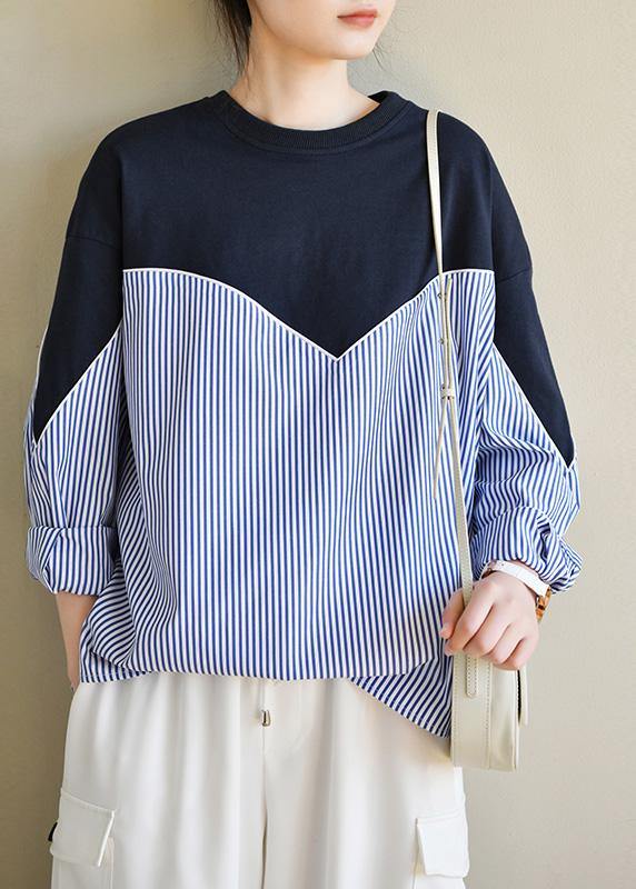 Fitted Navy Patchwork Striped Long Sleeve Spring Blouses