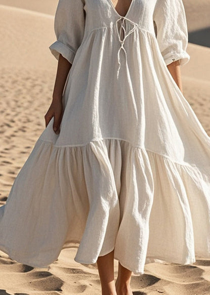 White Oversized Lace Up Cotton Robe Dresses Fall