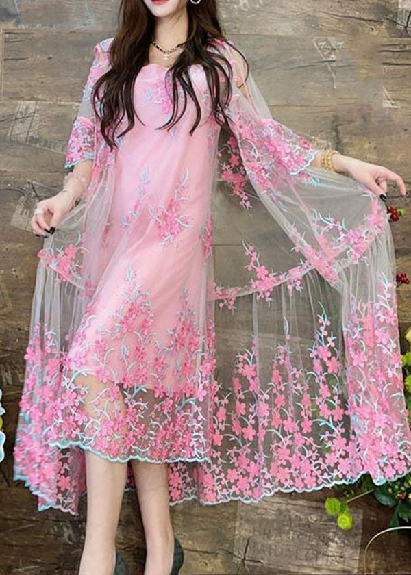 Pink Tulle Cardigans Spaghetti Strap Two Pieces Set Embroideried Summer