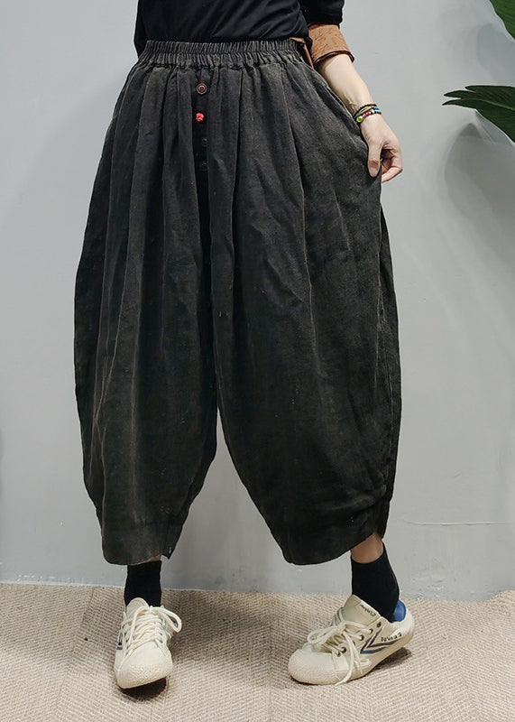 Dark Red Pocket Linen Harem Pants Button Spring