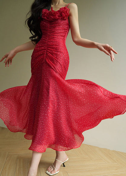 Red Dot Wrinkled Chiffon Spaghetti Strap Dress Sleeveless