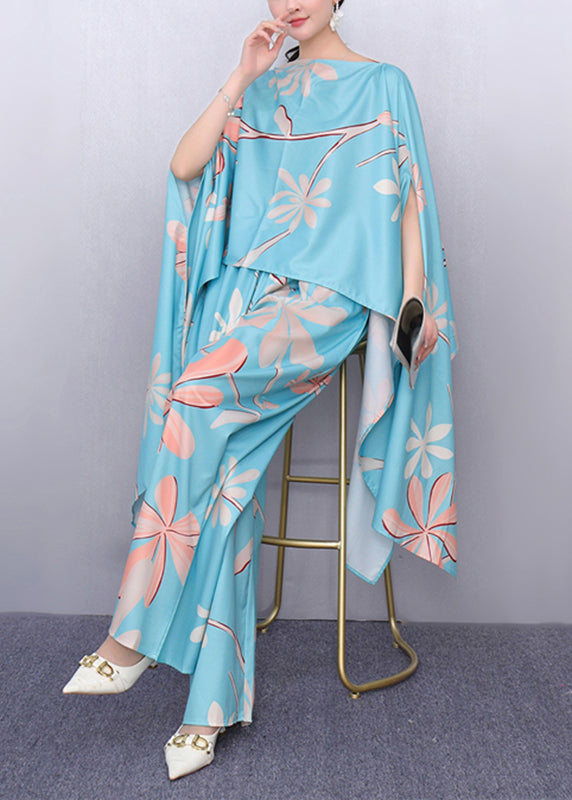 Lake Blue Asymmetrical Print Top and Wide Leg Pants Two Piece Set Fall