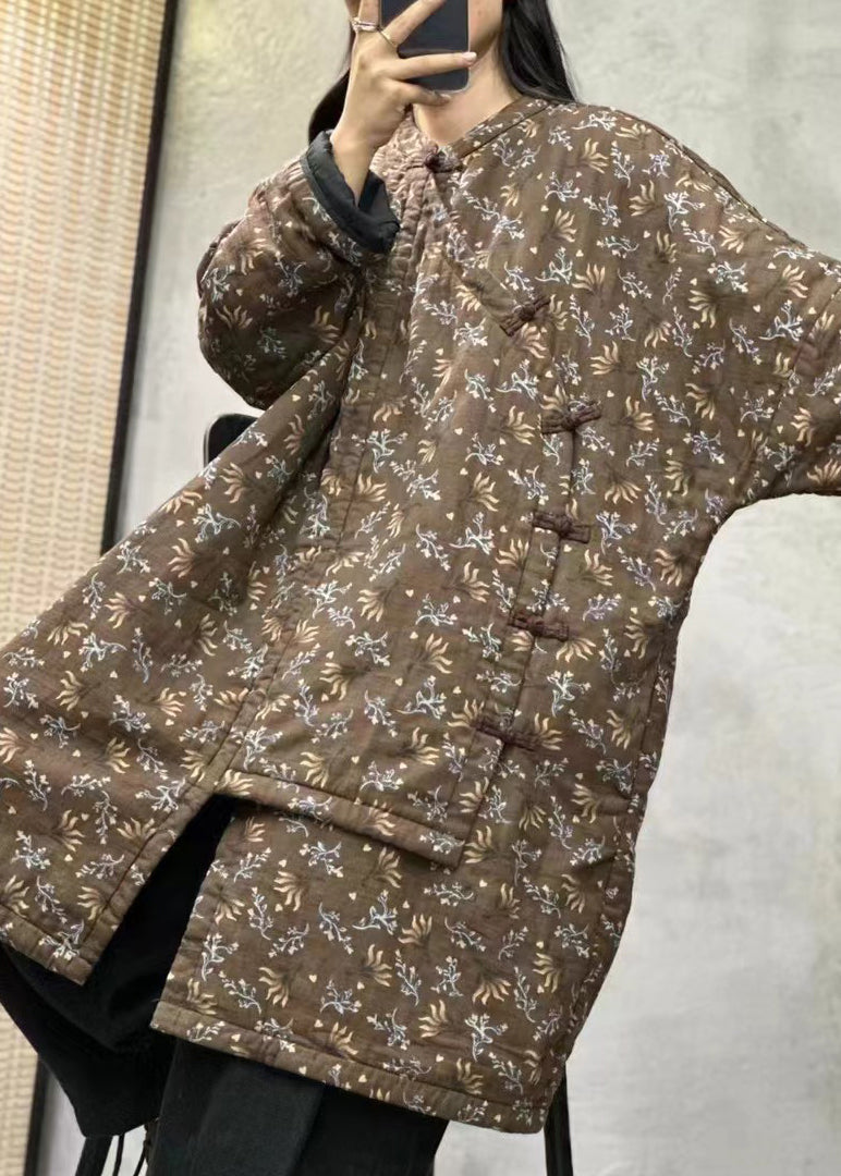 Orange Stand Collar Print Chinese Button Fine Cotton Filled Coats Winter