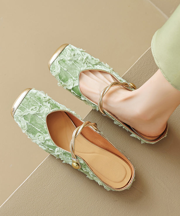 New Chinese Style Apricot Ruffled Print Cowhide Leather Slide Sandals