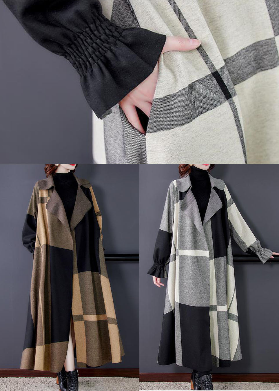 Khaki Peter Pan Collar Pockets Plaid Spandex Coat Outwear Long Sleeve