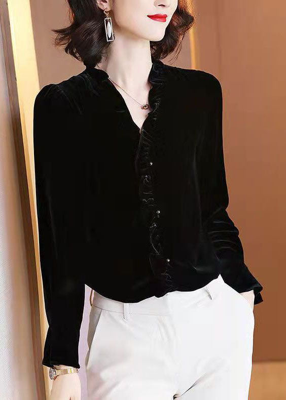Simple Black V Neck Ruffled Velour Top Long Sleeve