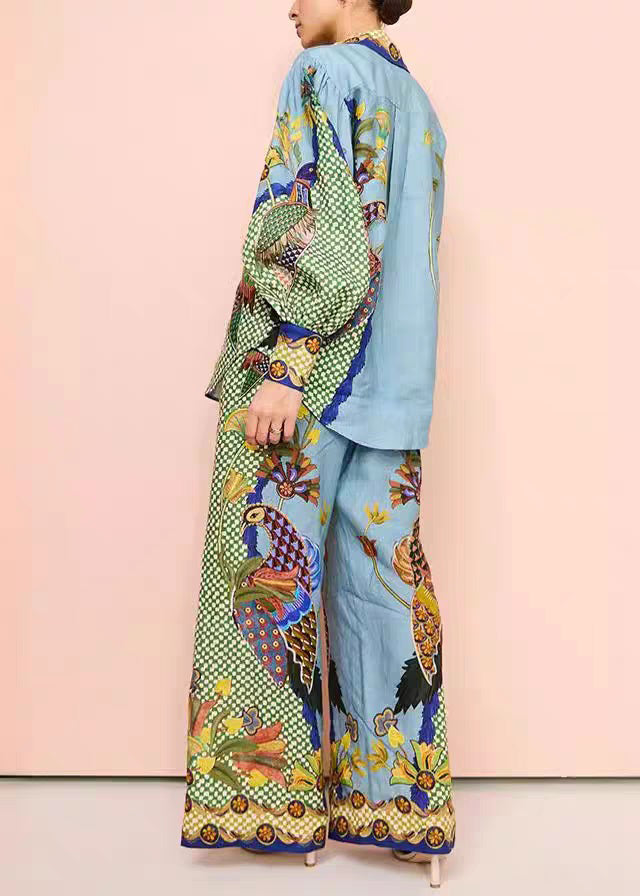 Green Peter Pan Collar Print Shirts and Wide Leg Pants Two Pieces Set Fall