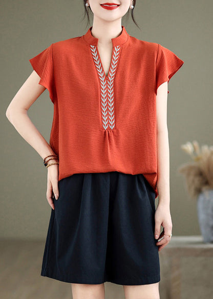 Natural Brick Red Embroidered Cotton Shirt Top Butterfly Sleeve