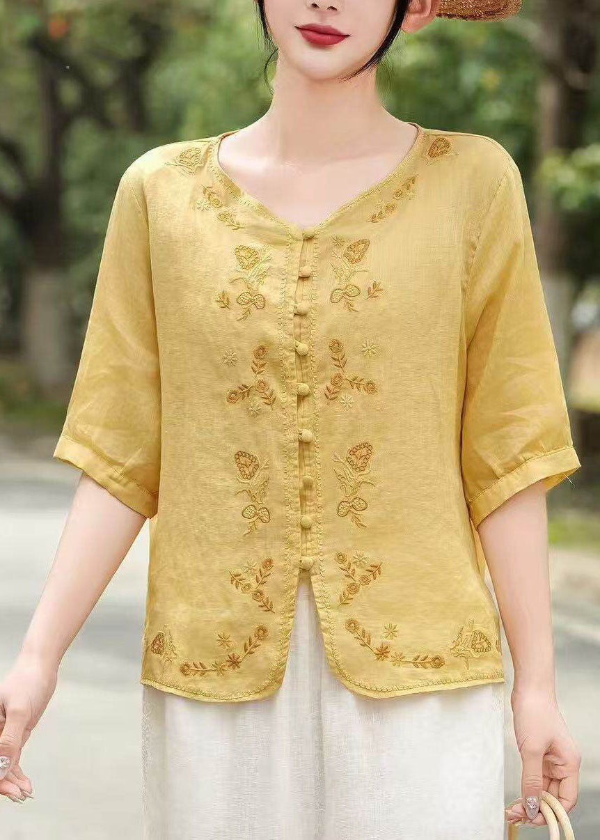New Retro Yellow Embroidered Linen Top Summer
