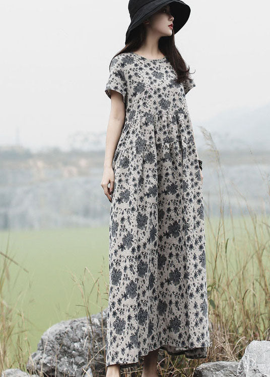 Grey O-neck Print Long Dress Short Sleeve