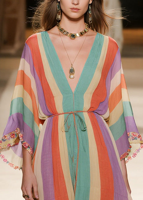 Rainbow V Neck Striped Chiffon Holiday Dress Summer
