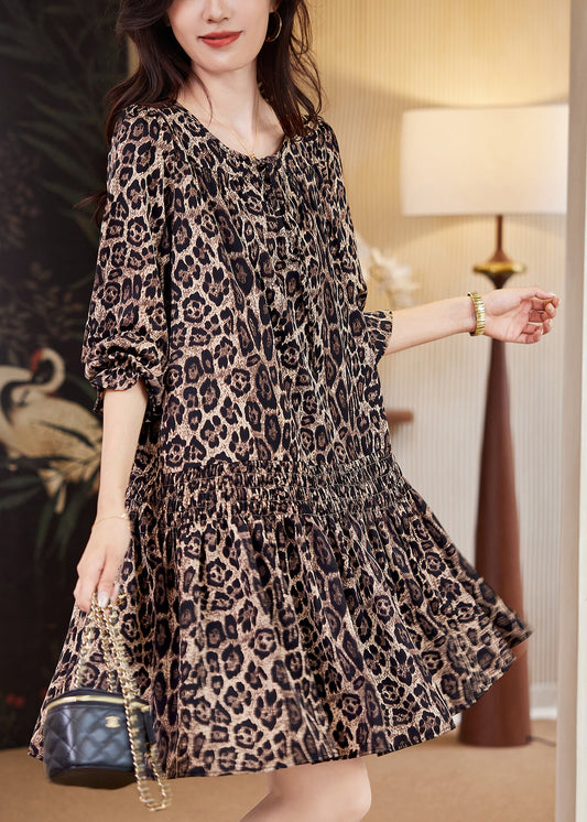 Coffee Leopard Print Elastic Waist Mid Dresses Fall