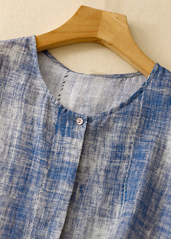 Blue O Neck Tie Dye Patchwork Cotton Shirts Spring