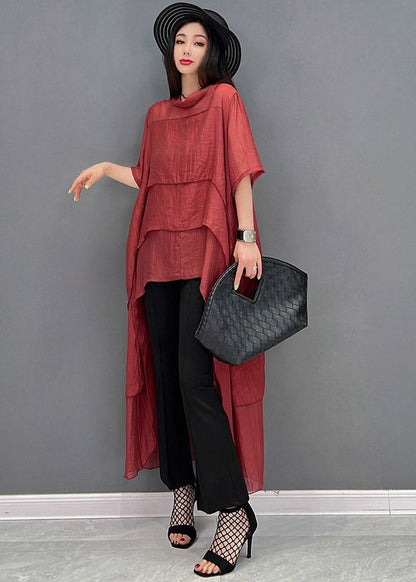 Red O-neck Asymmetrical Patchwork Dresses Short Sleeve