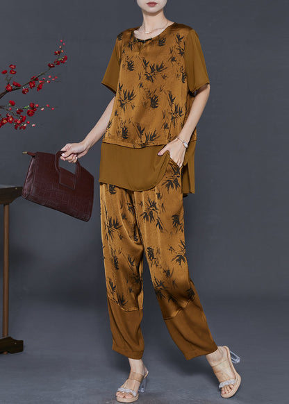 Yellow Print Patchwork Silk Two Pieces Set Summer