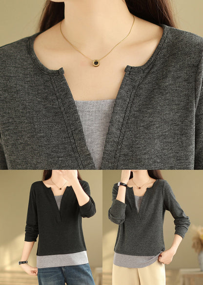 Black Patchwork Versatile Cotton T Shirts V Neck False Two Pieces Fall