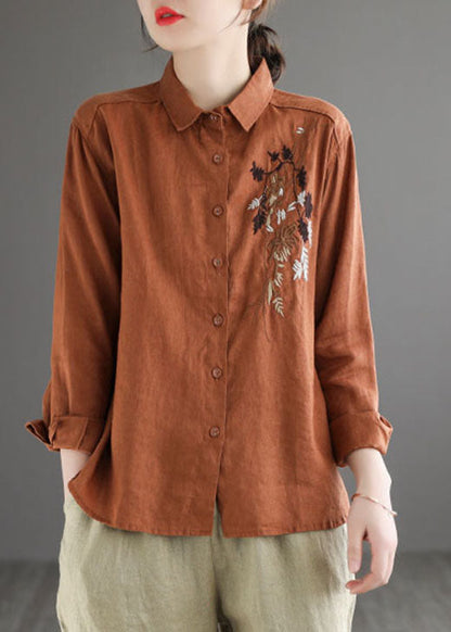 Caramel Peter Pan Collar Button Linen Shirt Long Sleeve