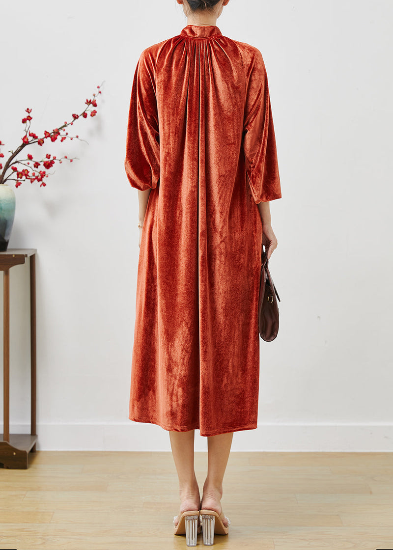 French Orange Stand Collar Silk Velour Long Dresses Fall