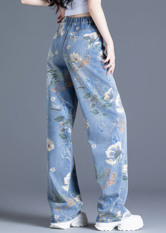 Blue Oversized Print Denim Straight Pants Spring